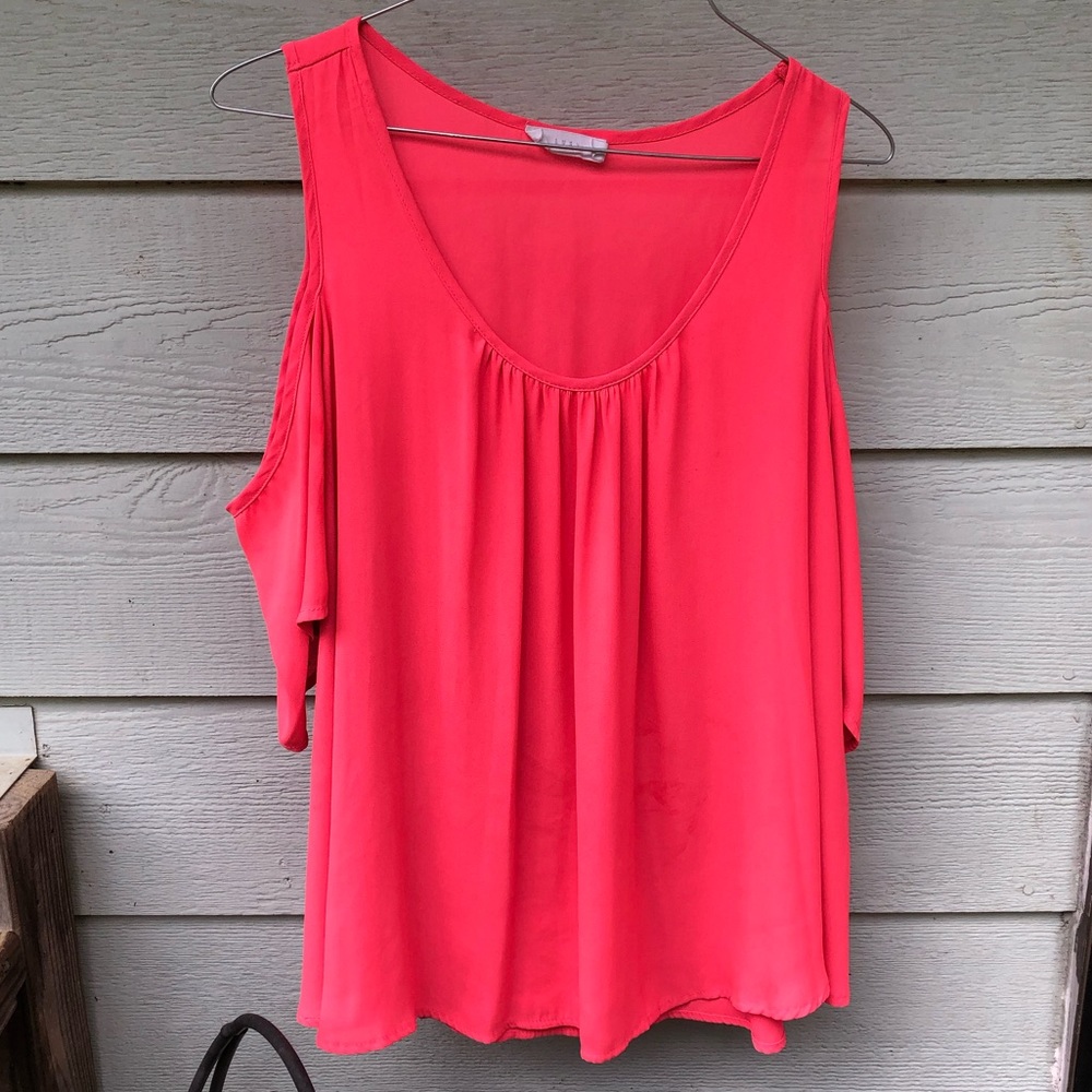 Neon pink cold shoulder top